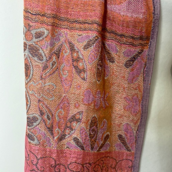 Shingora Boho India Peach Floral Linen/Silk Scarf Shawl Fringed - Picture 2 of 6